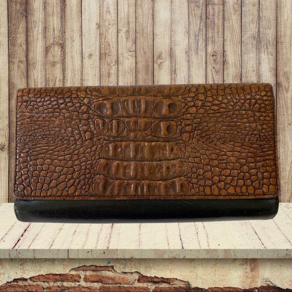 Brahmin Leather Checkbook Wallet Brown Black Croco